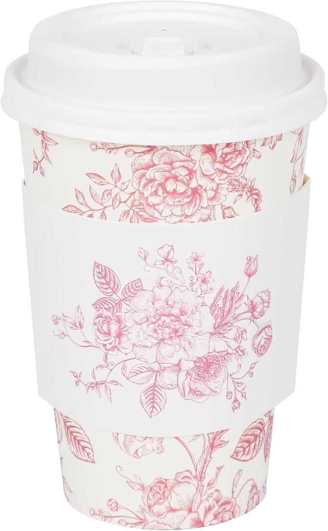 50Pcs Pink Floral Disposable Coffee Cups with Lids and Sleeves Pink White Chinoiserie Flower 12oz Hot Cold Paper Drinking Cup for Birthday Wedding Bridal Shower Party Supplies