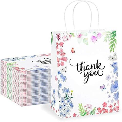 Purple Q Crafts Thank You Gift Bags 25 Pack 8" X 4" X 10" Small Paper Bags With Handles Floral Design Thank You Bags For Business, Boutique, Gifts, Wedding Favors
