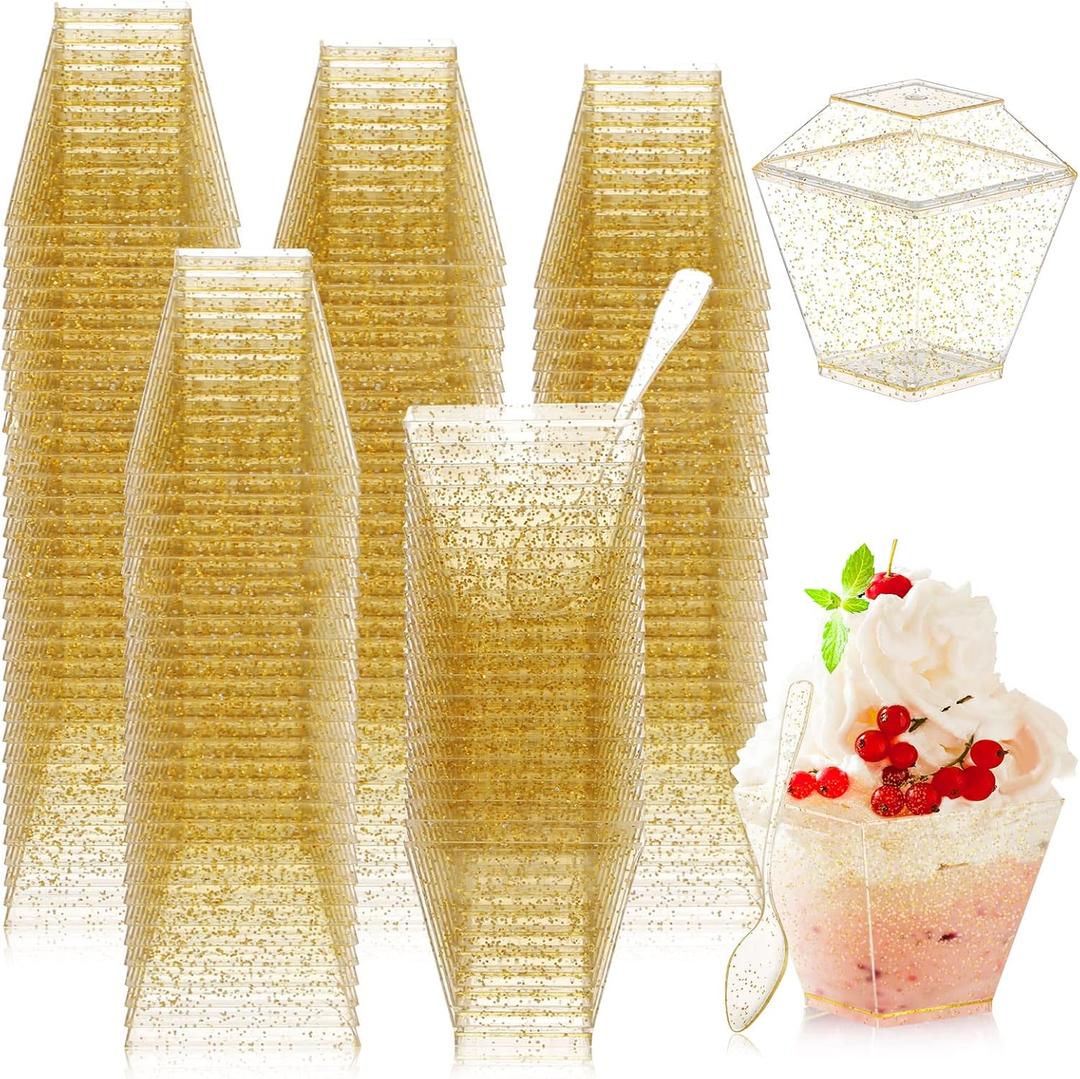 Zhehao 300 Pieces 2 oz Mini Plastic Dessert Cups with Spoons and Lids Small Square Disposable Cups Glitter Clear Banana Pudding Cups Serving Tasting Bowls for Appetizer Birthday Wedding Party(Gold)
