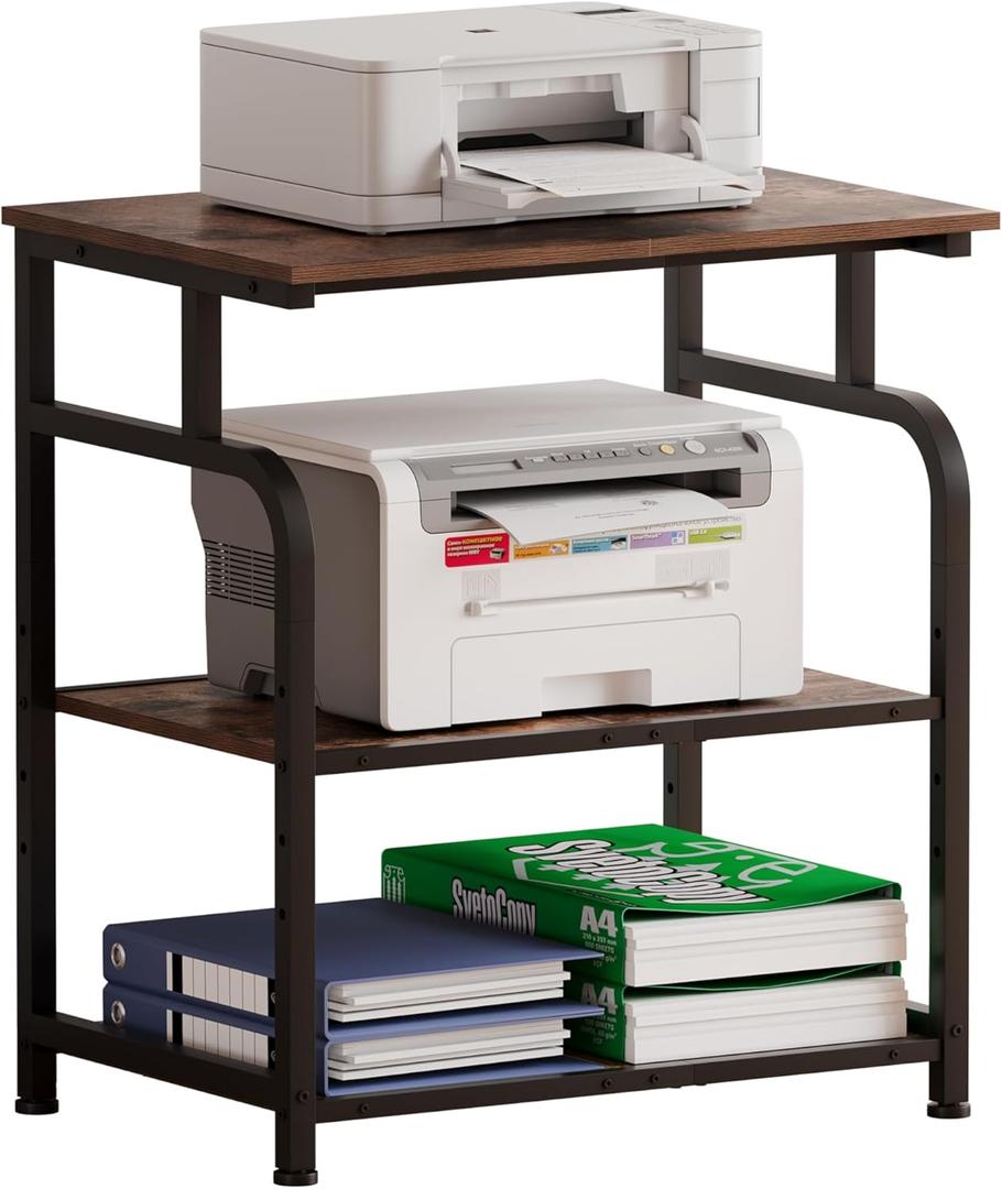 Large Printer Stand with Adjustable Shelf, 3-Tier Rolling Printer Cart with Wheels, Heavy-Duty Wood Printer Table for Home Office, Heat Press and Laser (Rustic Brown)