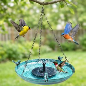 DazSpirit Hanging Bird Bath with Solar Fountain, 14.9" Metal Bird Bath for Outdoors, Fixed Solar Panel with 4 Nozzles, 3 Removable Decorative Birds, Hanging Birdbath for Garden Patio Porch Yard Gift
