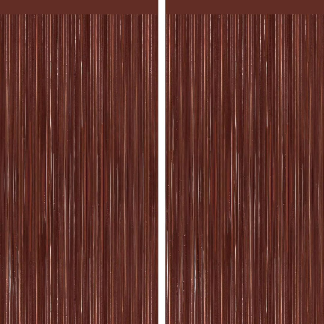 2 Pack Coffee Brown Metallic Tinsel Foil Fringe Curtains, Door Streamers Photo Booth Backdrop for Birthday Party, Tinsel Curtain Backdrop for Christmas Party Decorations, Football Game Party Supplies