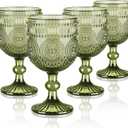 Joeyan Vintage Wine Glasses,12 oz Embossed Sunflower Green Goblet,Set of 4