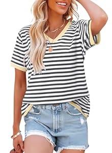 KISSMODA Womens Casual Tops Summer Short Sleeve T Shirt Striped Color Block Pullover Blouses, Size XL