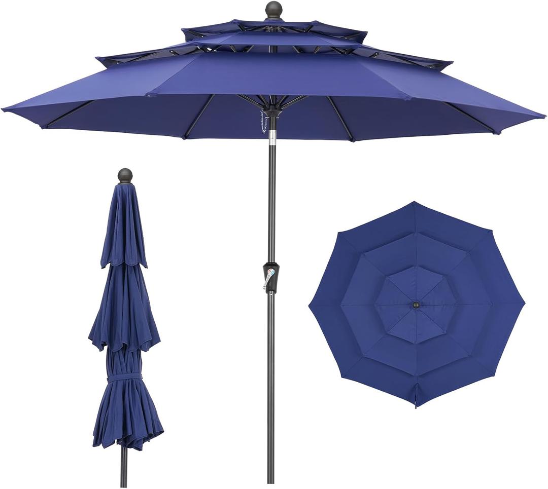 9 FT Outdoor Patio Umbrella, 3 Tier Market Table Umbrella with 8 Sturdy Fiberglass Ribs and 1.5 Pole, Smooth Button Tilt Patio Umbrella for Backyard Pool Garden, Blue(No Base)