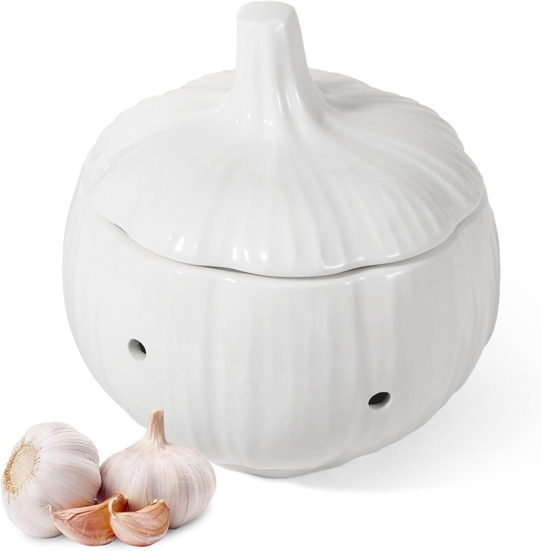 Ceramic Garlic Keeper with Garlic Shape, Garlic Holder for Counter, Ventilation Holes, Smooth Surface, Kitchen Storage Garlic Saver