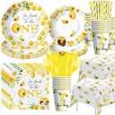 Bee 1st Birthday Party Decorations Tableware - Bumble Bee First Birthday Party Supplies for One Year Old, Paper Plates, Cups, Napkins, Tablecloth, Cutlery, Straw | Serves 24