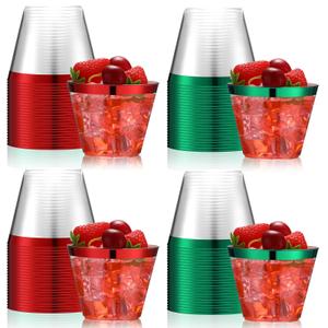 Zhehao 100 Pcs 9 oz Rimmed Plastic Cups Clear Wine Glasses Heavy Duty Cocktail Cups for Wedding Birthday Holiday Party Reception(Red, Green)