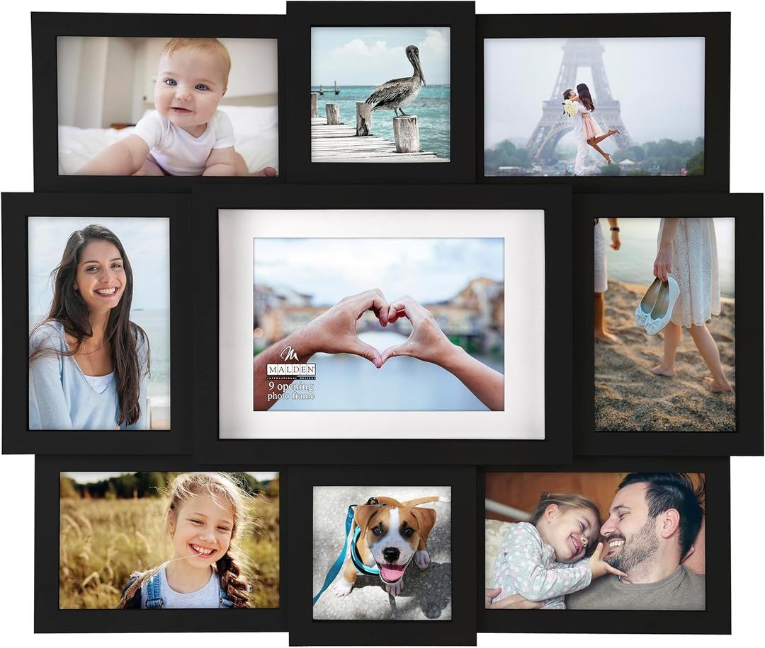 Malden International Designs Black 9 Opening Collage Photo Frame (Made To Display One (1) 5" x 7", Two (2) 4" x 4" and Six (6) 4" x 6" Pictures)