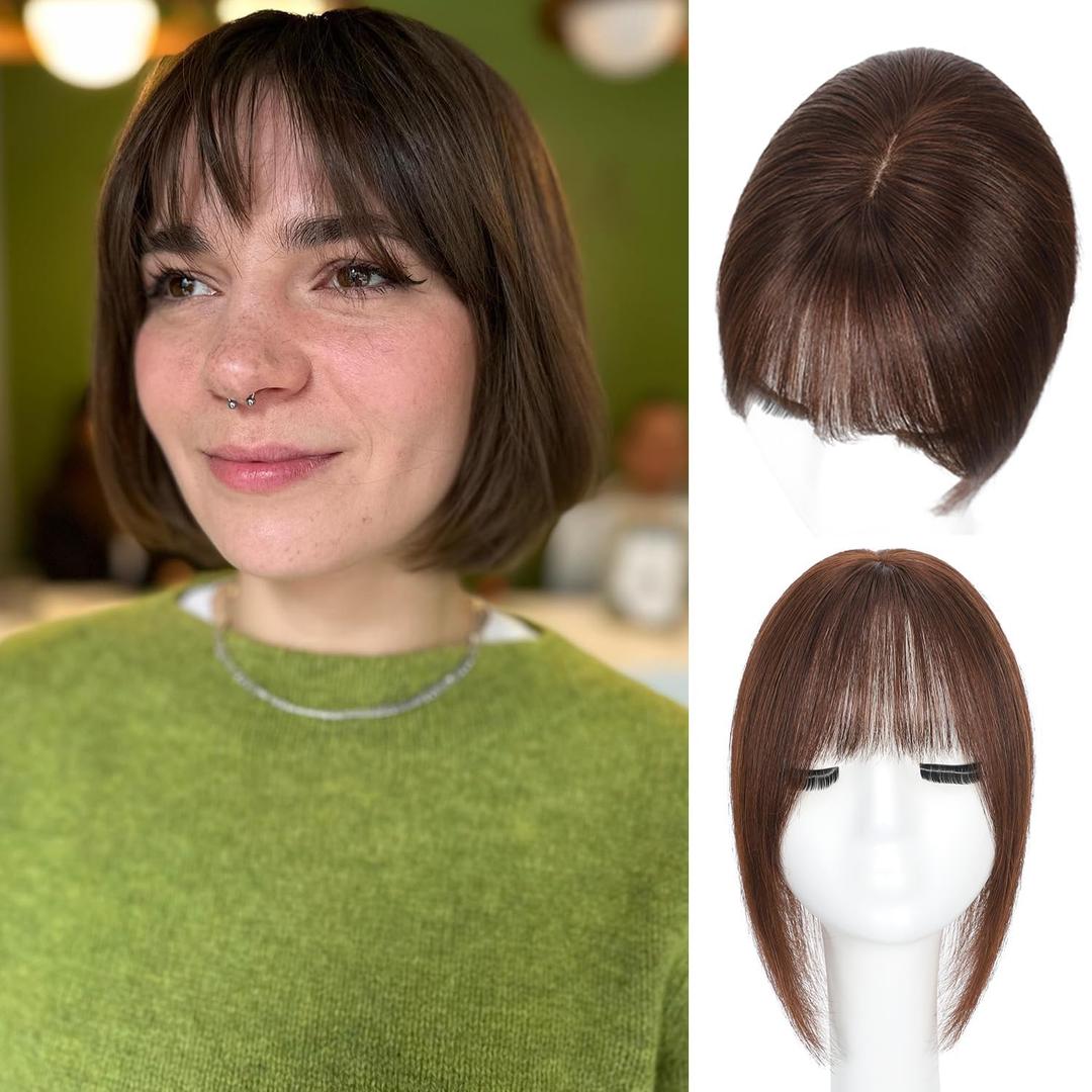 Natural Hair Toppers for Women Real Human Hair,Wispy Bangs,Short Lightweight,Thin Crown Wiglets Hair Pieces Small Silk Base 1.9"3.5" Natural Cover Wide Part Line (10In,0.7oz,#2 Dark Brown)