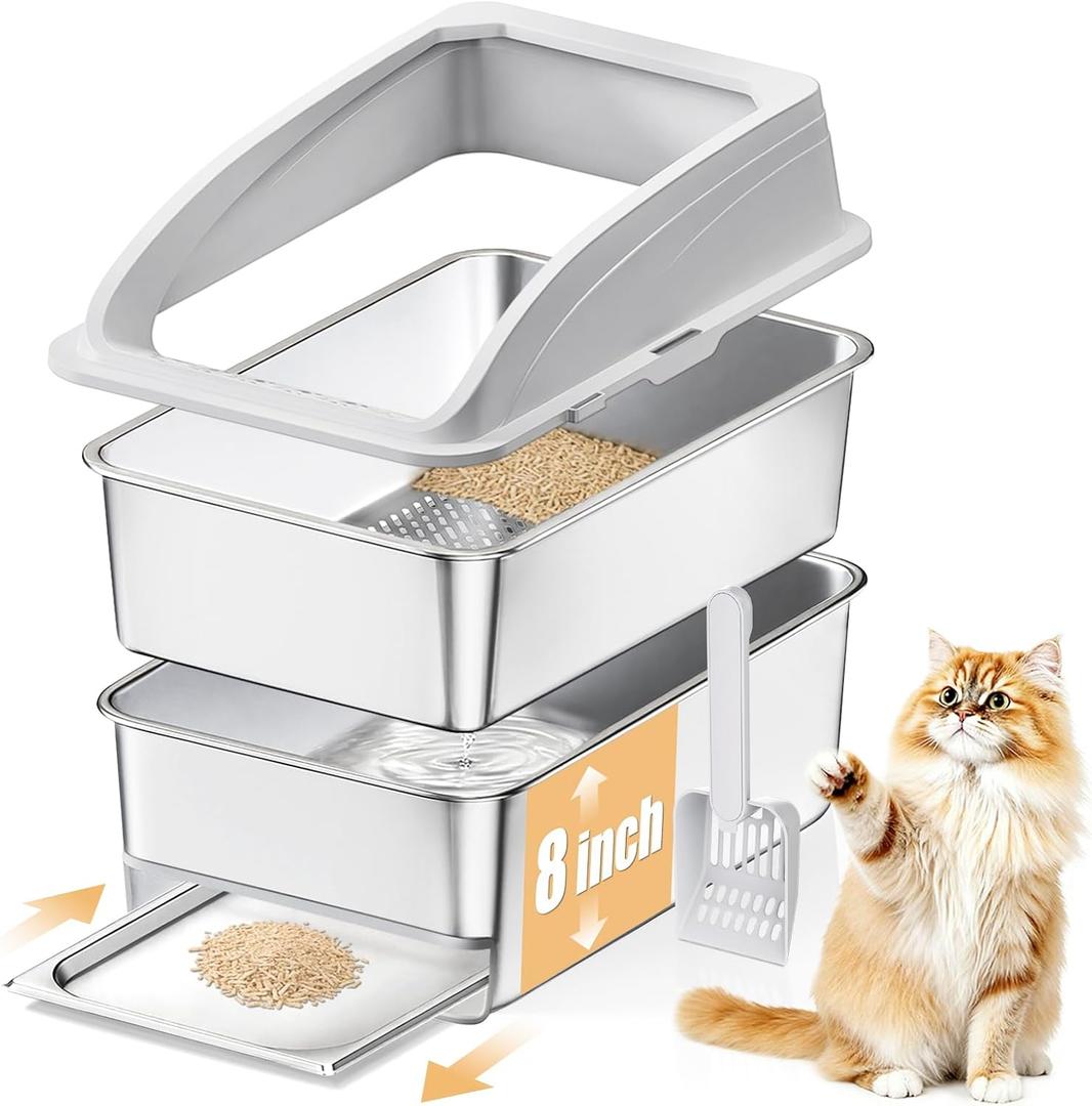 23.6"x15.7"x13.78" Stainless Steel Sifting Litter Box with Lid, XL Sifting Design for Pine Pellets, High Sides Metal Litter Box for Big Cats 7.9in Deep, Easy-to-Clean Removable Drawer Pan (Light Grey)