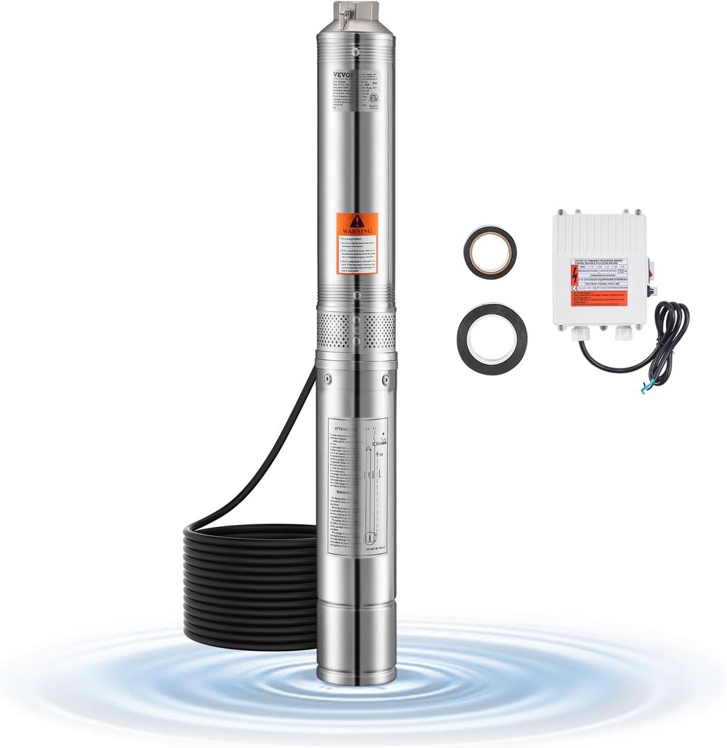 VEVOR Deep Well Submersible Pump, 1 HP Output Power, 230V, 31.7 GPM Flow 207 ft Head, with 32.81 ft Cord External Control Box, Stainless Steel Water Pump, for Industrial Irrigation and Home Use, IP68