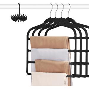 Tinfol Velvet Pants Hanger Space Saving, 4pc Black Non-Silp Velvet Hangers with Hook, Multi Tier Ultra Thin Trousers Hangers, Closet Clothes Hanger Organizer Storage for Trousers, Scarves, Jeans