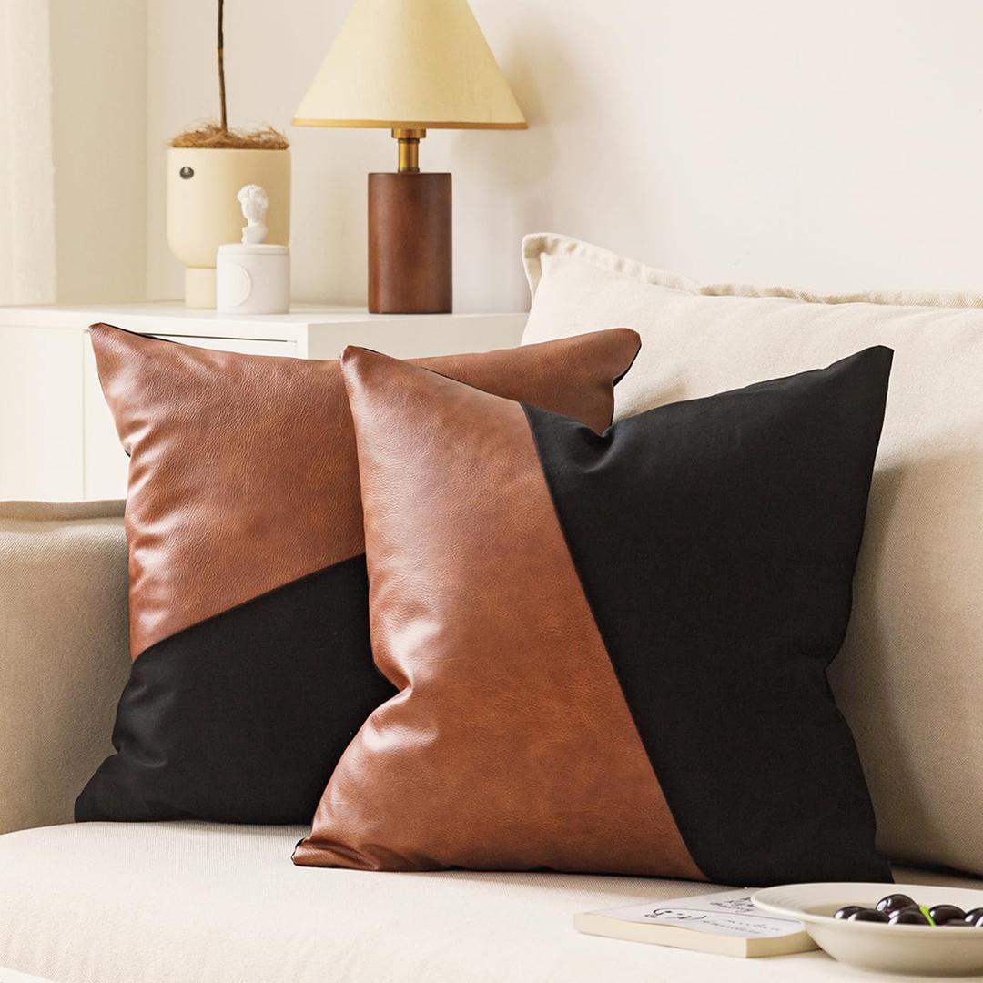 Set of 2 Black and Brown Faux Leather Throw Pillow Covers 20X20 Inch Boho Modern Farmhouse Cotton Decorative Pillows for Couch Living Room Bedroom, Cognac