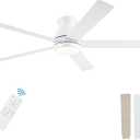 60 Inch White Ceiling Fans with Lights and Remote, LED Low Profile Flush Mount Ceiling Fan for Bedroom, Living Room, Quiet DC Motor, Dimmable 6 Speeds
