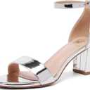 FW FRAN WILLOR Women Open Toe Low Chunky Short Heels Ankle Strap Block Heel Sandals Party Dress Wedding Pump Shoes (Silver) 7.5