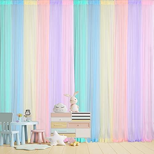 Tatuo Pastel Rainbow Backdrop Curtains Sheer Curtain Tulle Panels for Kid Baby Shower Unicorn Birthday Party Window Classroom Decorations 6 Panels(708 inch/59 ft in Total Width,Bright Color)