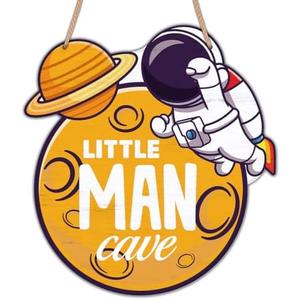 Little Man Cave Sign Space Decor for Boys Room Space Themed Bedroom Decor Space Astronaut Wooden Hanging Door Sign for Nursery Baby Boys Toddler Boys Room Playroom Wall Decor 3 Pack