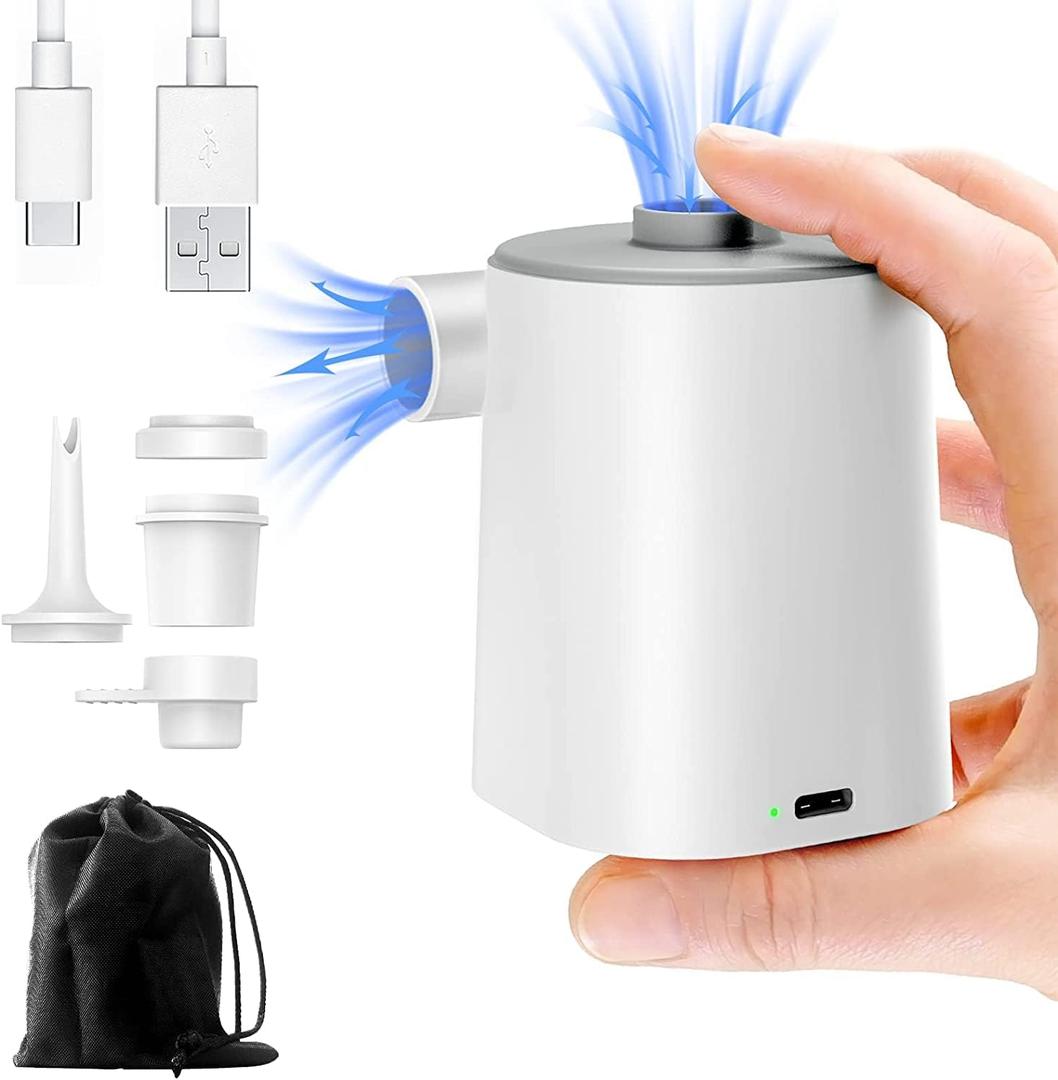 Mini Air Pump for Inflatables Portable, Electric Type-C Rechargeable Quickly Inflate Deflate for Pool Floats Air Mattress Swimming Ring Vacuum Storage Bags (White)