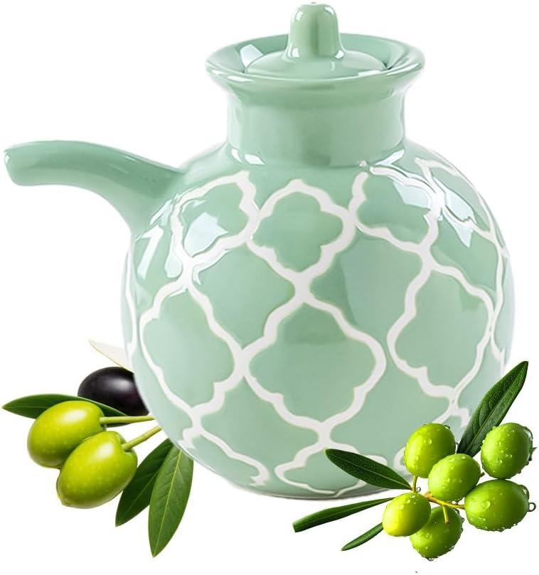 KXZ Ceramic Oil Dispenser with Lid 13.5 oz Olive Oil Bottle for Kitchen, Soy Sauce or Vinegar, Decorative Ceramic Olive Bottle Dispenser, Small Oil Container Kitchen Cruet Decanter