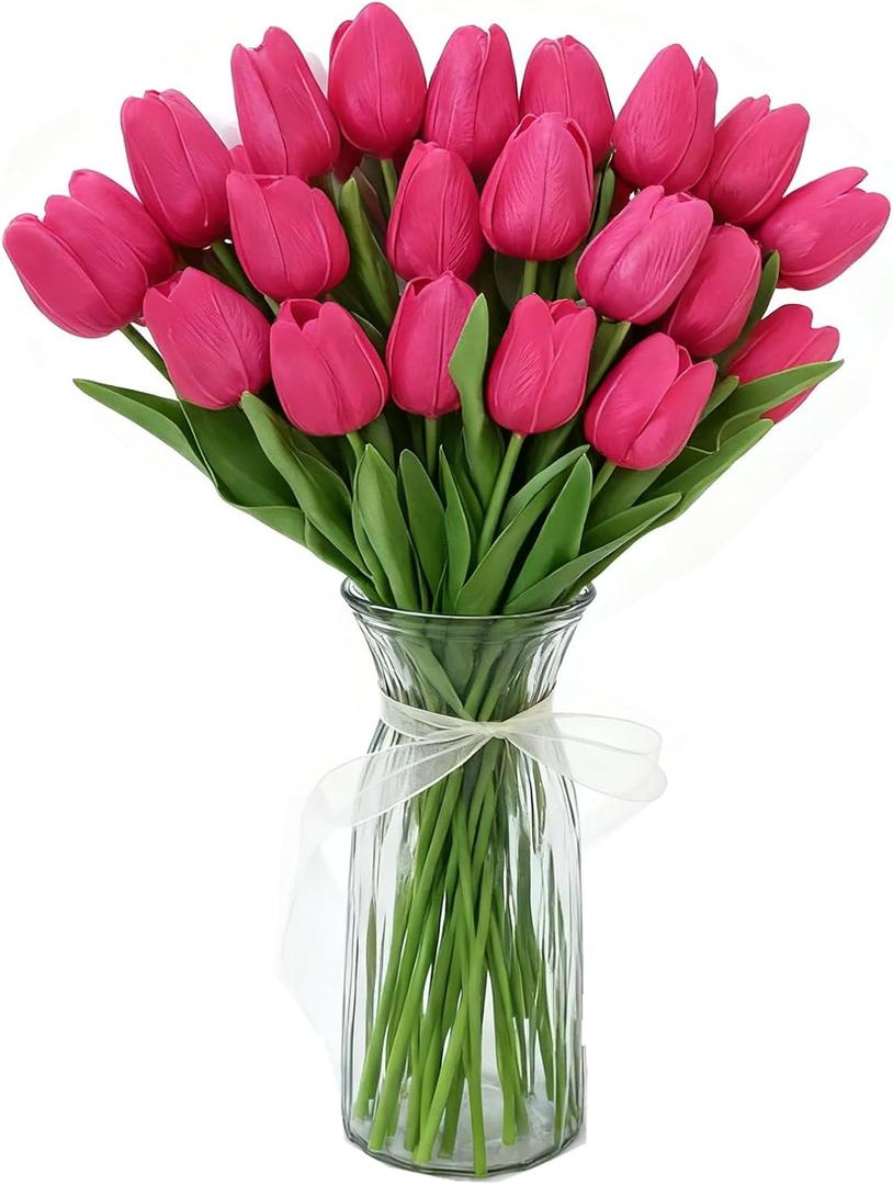 Pink Faux Tulips Real Touch (20 Pcs) - 13.5 Inch Premium PU Artificial Flowers for Valentine's Day, Spring & Easter Home Decor, Wedding Bouquet
