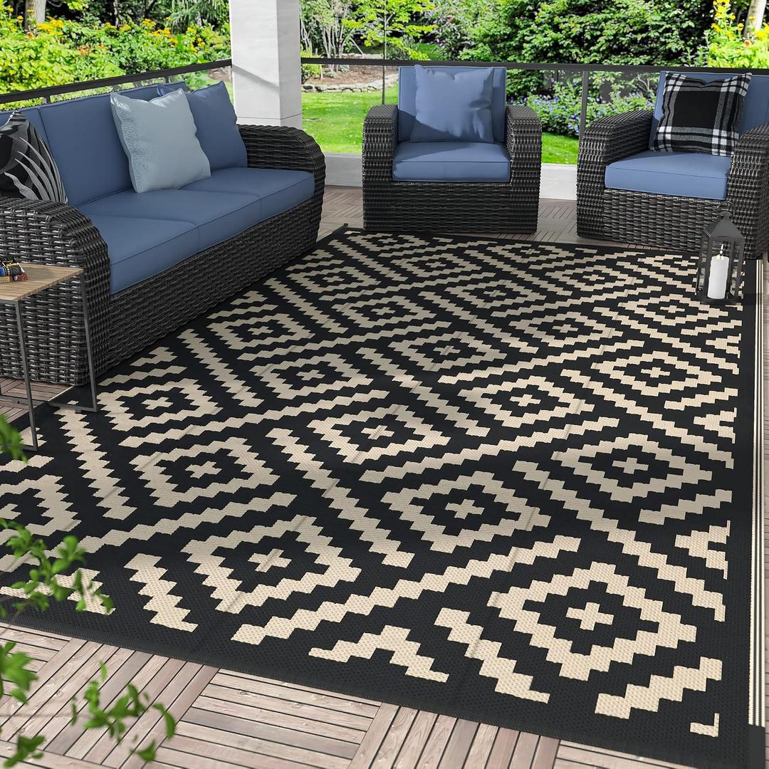 GENIMO Outdoor Rugs 8x10 Waterproof, Reversible Mats, Area Plastic Straw Rug, Outside Carpet, Geometric Rv Mat for Patio Camping Rv Picnic Backyard Deck Balcony Porch Beach Trailer (Black & Beige)