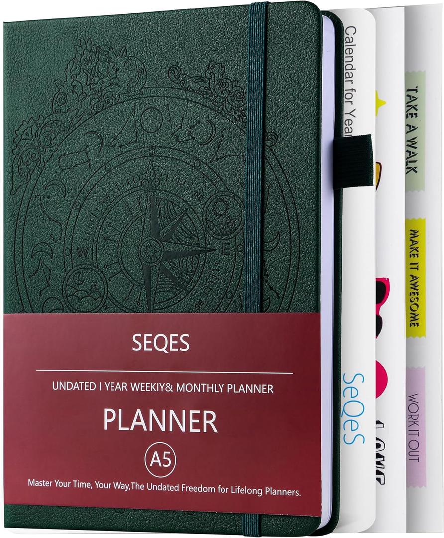 SEQES A5 Undated Planner- Leather Cover with goal tracker,full focus And habit To Increase Productivity organizer And Goal Setting & Reflection Journal | Weekly/Monthly Planner (dark green)