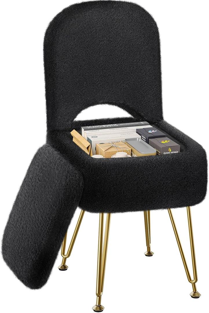 GREENSTELL Small Vanity Stool Chair with Storage and Folding Back, 13.4" x 15" x 30" Square Faux Fur Soft Ottoman, 4 Metal Legs with Anti-Slip Feet, Furry Padded Seat for Makeup, Bedroom, Black