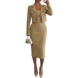 Women Plaid 2 Piece Outfits Cropped Blazer and Sleeveless Midi Dress Sets Business Casual Suits (Large, Brown)