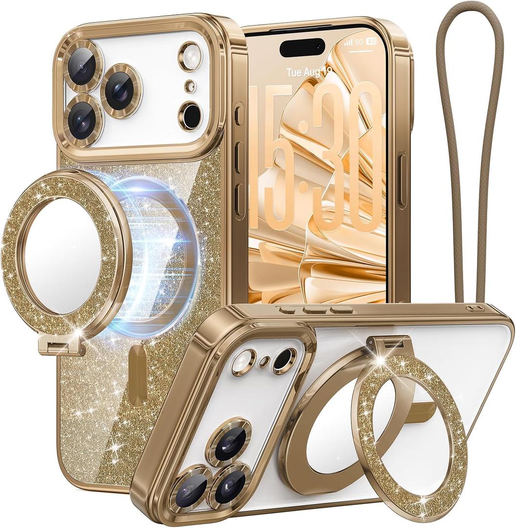 Magnetic Case Designed for iPhone 17 Pro Max with Removable Phone Ring Stand, Glitter Card & Wrist Strap, Compatible with MagSafe, Built in Mirror, Phone Ring Holder + Phone Case Kit, Desert Titanium