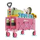 InBrave Collapsible Wagon Cart, 380LBS Heavy Duty Utility Wagons with All-Terrain Wheels, Foldable Grocery Carts for Gardening, Shopping, Beach, Camping, Pink