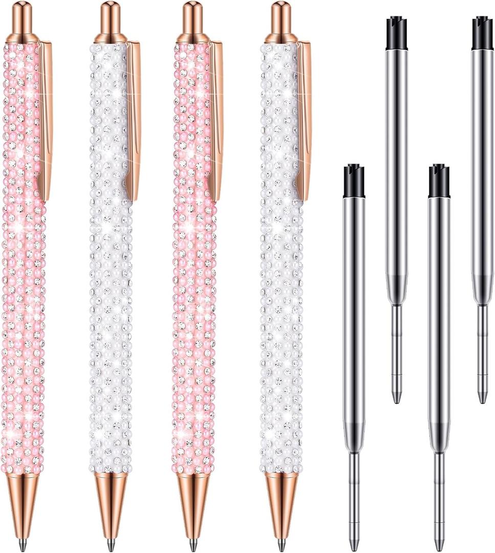 Ireer 4 Pcs Bling Rhinestone Sparkly Pen for Women Diamond Crystal Glitter Metal Ballpoint Ink Pen with 4 Pcs 1.0mm Refills Desk Accessory for Girl Students Gift(Pink, White)