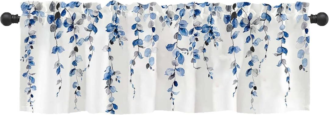 Watercolor Blue Leaves Window Valance for Bedroom Living Room, Grey Leaf Vine Plant Curtains Valanes for Windows, 3" Rod Pocket Window Treatment for Season Home Decorations, 54 x 18 Inch, 1 Panel