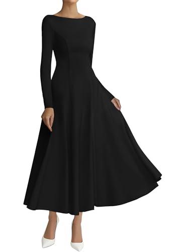BTFBM Spring Dresses for Women 2026 Trendy Boat Neck Long Sleeve A Line Flowy Knit Loose Casual Elegant Party Maxi Dress(Black, Small)