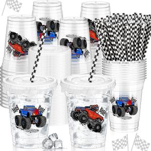 Teenyyou 50 Pcs 12 oz Disposable Plastic Cups with Straws, Lids and Leakproof Paper Clear Birthday Party Cups Supplies Birthday Table Decorations(Monster Truck,Black, White)