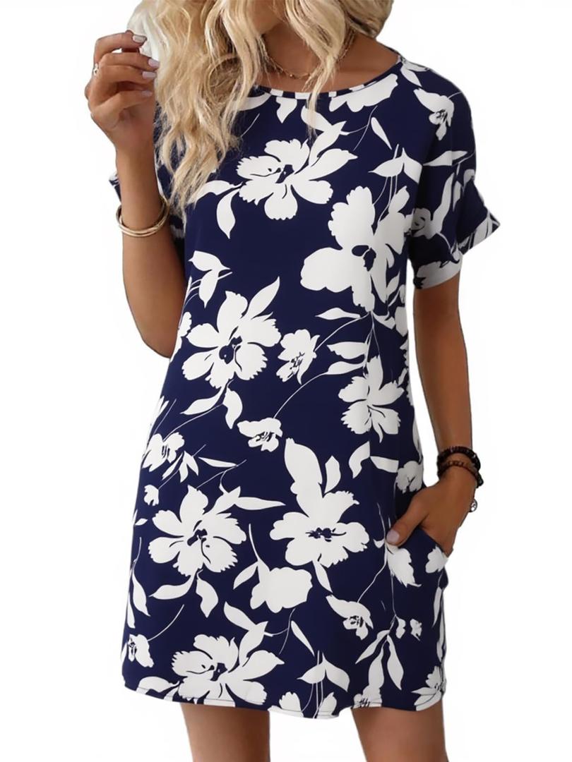 Wenrine Womens Summer Dress 2025 Floral T Shirt Dress Casual Cap Sleeve Crewneck Loose Boho Shift Mini Dresses Navy