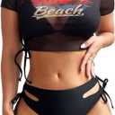 Sexybody Women's 3 Piece Swimsuit Halter String Bikini Tie Side Mesh Short Sleeve Bathing Suits (Medium, 159black)
