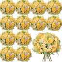 Tigeen 12 Bundles Peonies Artificial Flowers Faux Roses Silk Flowers Hydrangea Artificial Bouquet for Wedding Table Centerpiece Floral Vase Home Office Bridal Decor (Light Yellow)
