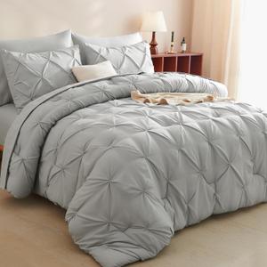 CozyLux Queen Comforter Set - 7 Pieces Comforters Queen Size Light Gray, Pintuck Bed in A Bag Pinch Pleat Bedding Sets with All Season Comforter, Flat Sheet, Fitted Sheet and Pillowcases & Shams (Light Grey)