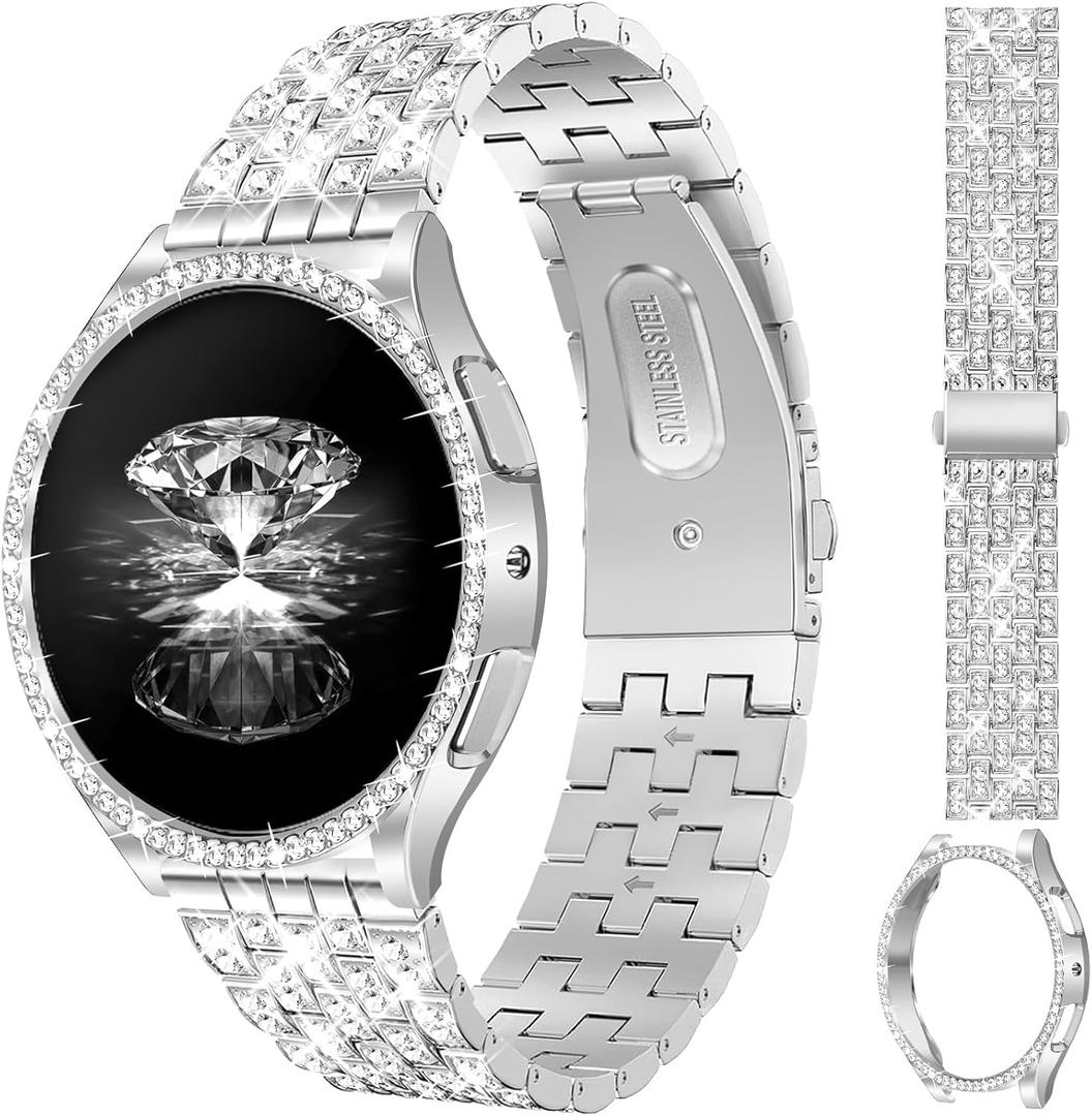 JR.DM Diamond Bands with Bling Case Women ONLY Compatible with Samsung Galaxy Watch 7/6 40mm 44mm, 20mm watch band with Protective Cover Bumper Silver Gold Luxury Metal Bracelet Replacement Strap