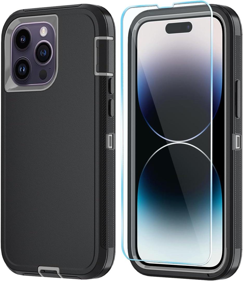 Phone Case for iPhone 14 Pro Case with HD Screen Protector, Heavy Duty Shockproof & DustProof & Dropproof 3-Layer Cover Phone Case for iPhone 14 Pro (6.1'') (BlackGrey)