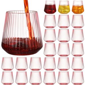24 Pcs 12 oz Pink Origami Ripple Plastic Ribbed Wine Glasses Unbreakable Stemless Champagne Whiskey Glasses Ribbed Cocktail Glasses Disposable Plastic Wine Cups for Wedding, Home, Office, Bar