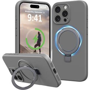 for iPhone 16 Pro Case Stand, Slim Comfortable Liquid Silicone Phone Cases Compatible with MagSafe Magnetic Ring Kickstand Stand Full Camera Protection for iPhone 16 Pro 6.3", Grey
