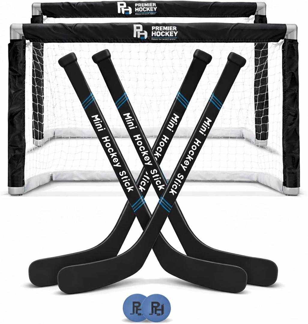 Premier Sports - Mini Hockey Set Complete 4-Player Indoor Kit with (2) Mini Goals, (4) Mini Sticks, and (2) Foam Balls