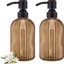 16 OZ Amber Glass Soap Dispenser, Amber Stripe Bathroom Hand Soap Dispensers with Stainless Steel Bronze Pump,Brown Glass Kitchen Hand Soap Dispenser with Oil Rubbed Bronze Pump,2 Packs