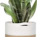 11" Wicker Plant Basket, Jute Spliced Cotton Rope Woven Basket Planter for 10 inch Pot, Indoor Decorative Flower Pot Cover, Boho Bin for Artificial Trees, Small Round Bin for Decor (White and Jute)