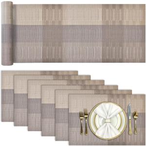 Aofmee Table Runner and Placemats Set of 6 Washable, Heat Resistant Place Mats with Table Runner, Woven Vinyl Table Placemats, Stain Resistant Kitchen Table Mats Sets, Easy to Clean, Gold, Set of 7