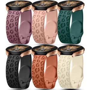 6Pack Engraved Band Compatible with Samsung Galaxy Watch 5 Band/Galaxy Watch 4 Bands/Galaxy Watch 3 Bands/Active 2 Watch Bands,20mm Leopard Silicone Sport Strap Replacement for Women Men (Small (5.5"-7.1"), Black,Brown,Blackish Green,Smoke Purple,Sand Pink,Cream)
