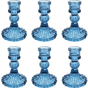 Glass Candlestick Holders Set of 6, Blue Stripe Taper Candle Holders for Table Centerpiece, Home Decorations, Valentine Day, Wedding and Party Glass Candlestick Holders Set of 6, Blue Stripe Taper Candle Holders for Table Centerpiece, Home Decorations, Valentine Day, Wedding and Party