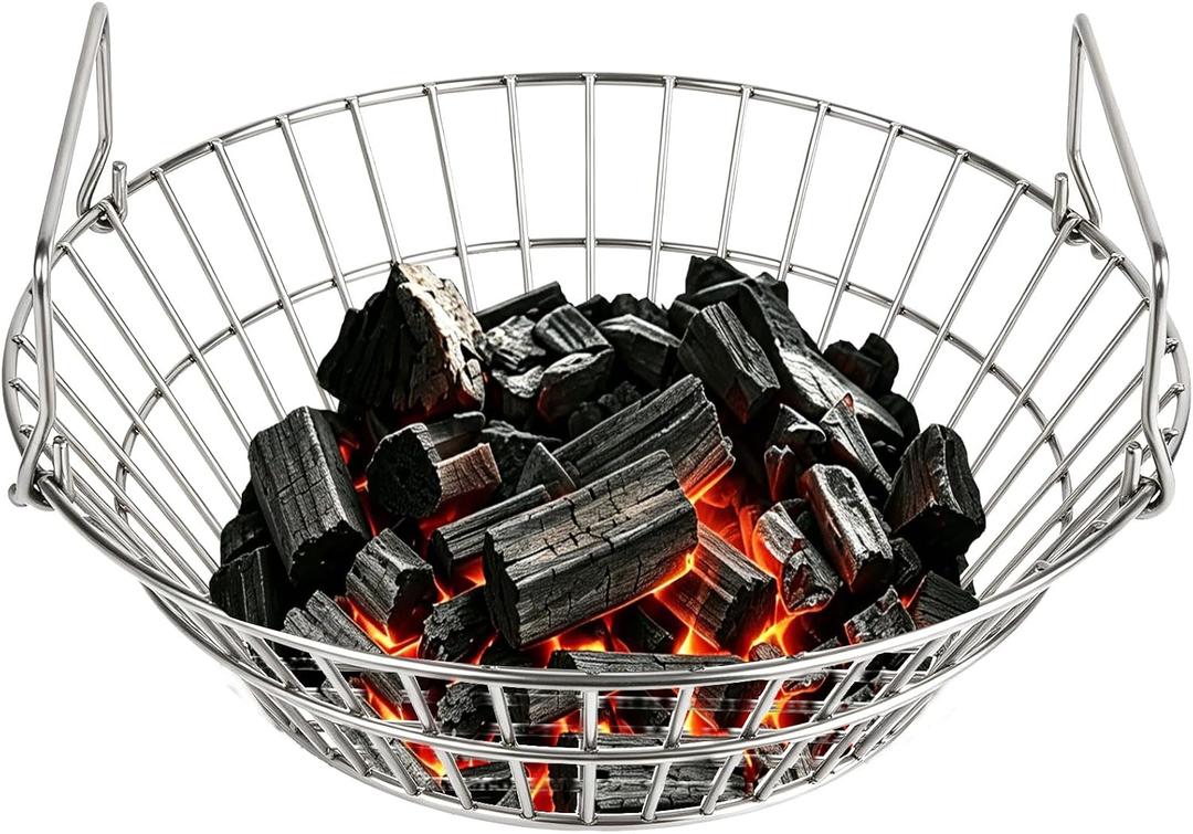 13.75 Inch Charcoal Basket for Grill, Stainless Steel Ash Basket for Large Big Green Egg & Kamado Joe, Heavy Duty Firebox Accessories with Folding Handle